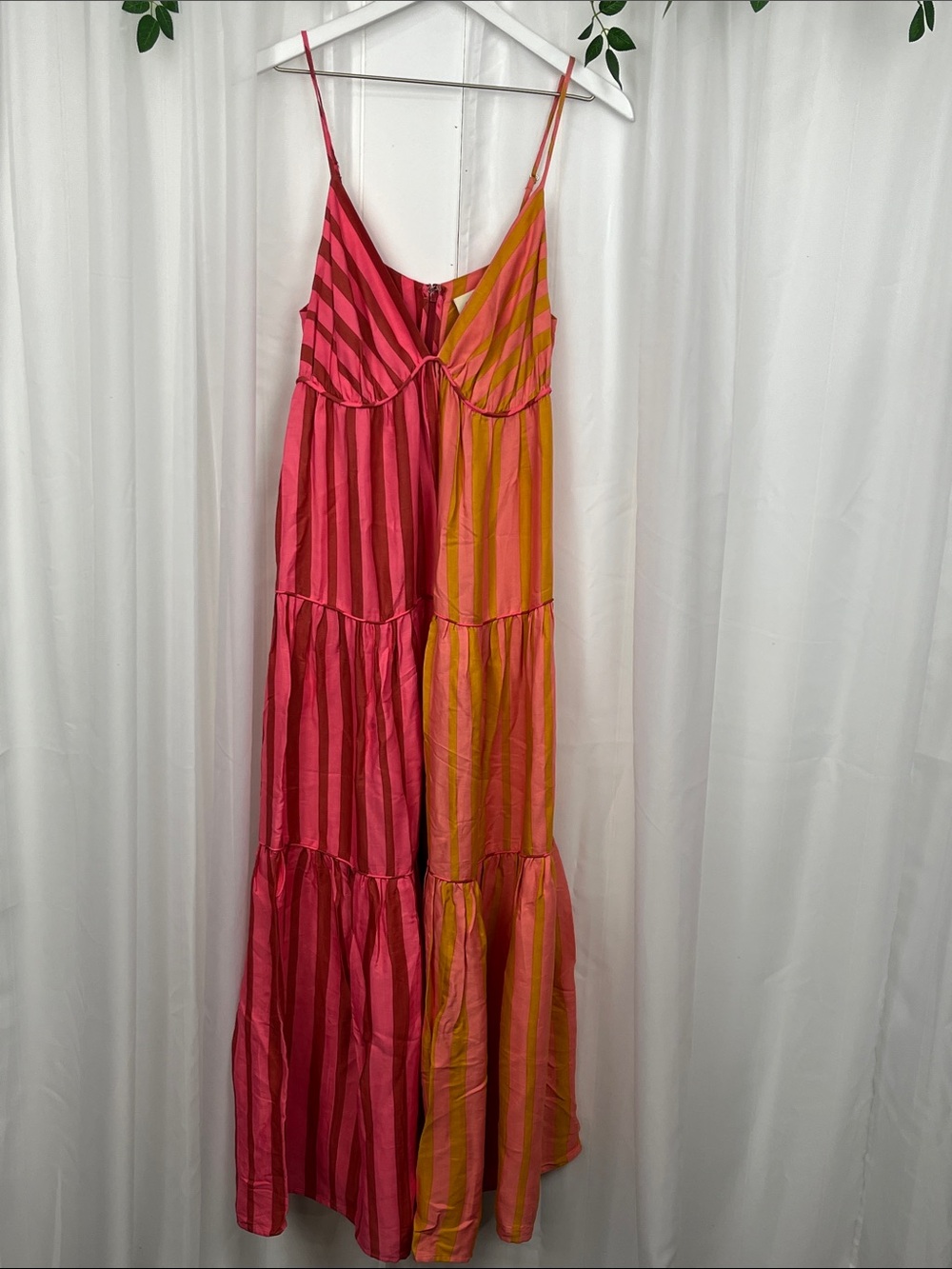 Farm for Anthropologie Maxi Tropical Sundress M Pink Gold Vertical Stripes EUC